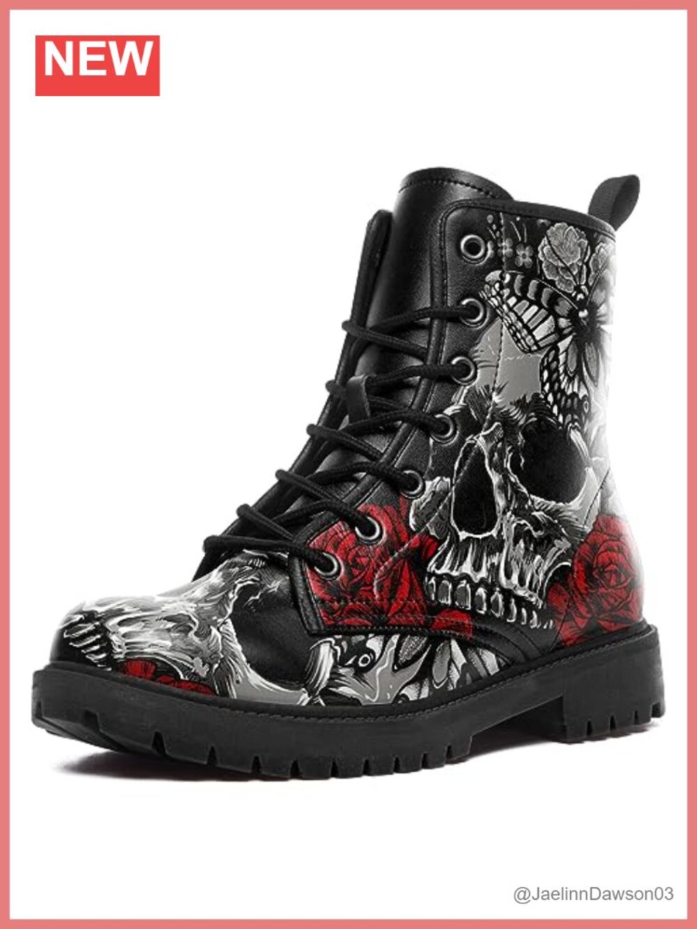 Custom Skull Rose Lace-Up Ankle Booties Chunky Heel Platform Faux Leather Boots